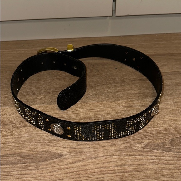 Gianni Versace Vintage Black Gold and Silver Tone Studded Belt Size 30